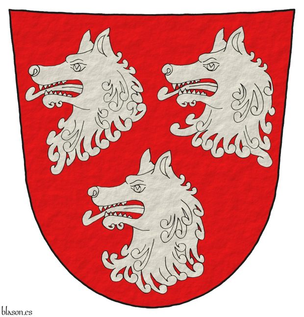 Escudo de gules, tres cabezas de lobo arrancadas de plata.
