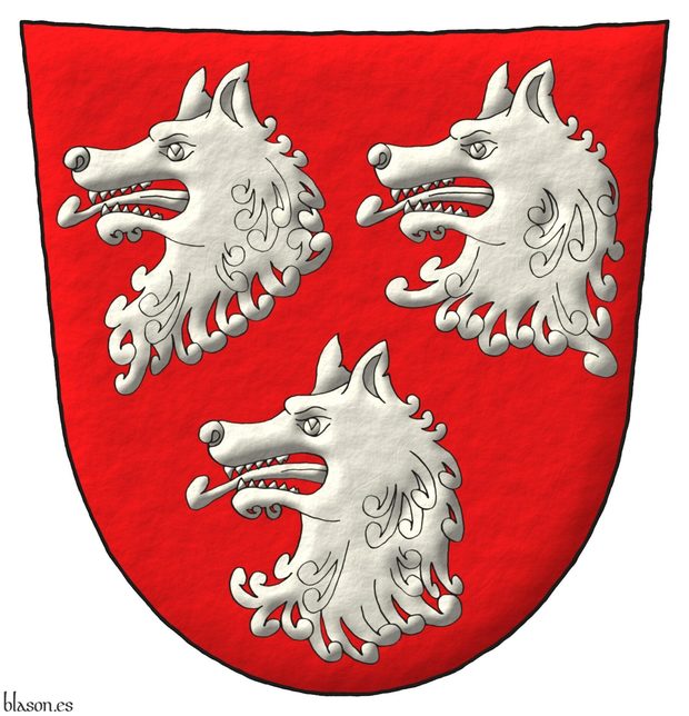Escudo de gules, tres cabezas de lobo arrancadas de plata.
