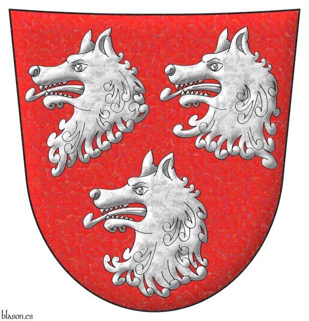 Gules, three wolves' heads erased Argent.