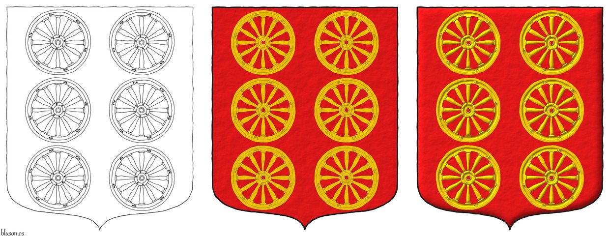 Escudo de gules, seis ruedas de carro de oro, 3 y 3.