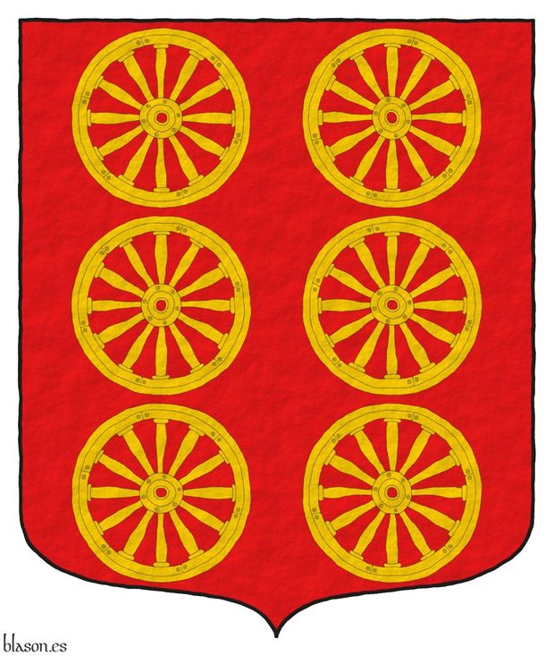 Escudo de gules, seis ruedas de carro de oro, 3 y 3.