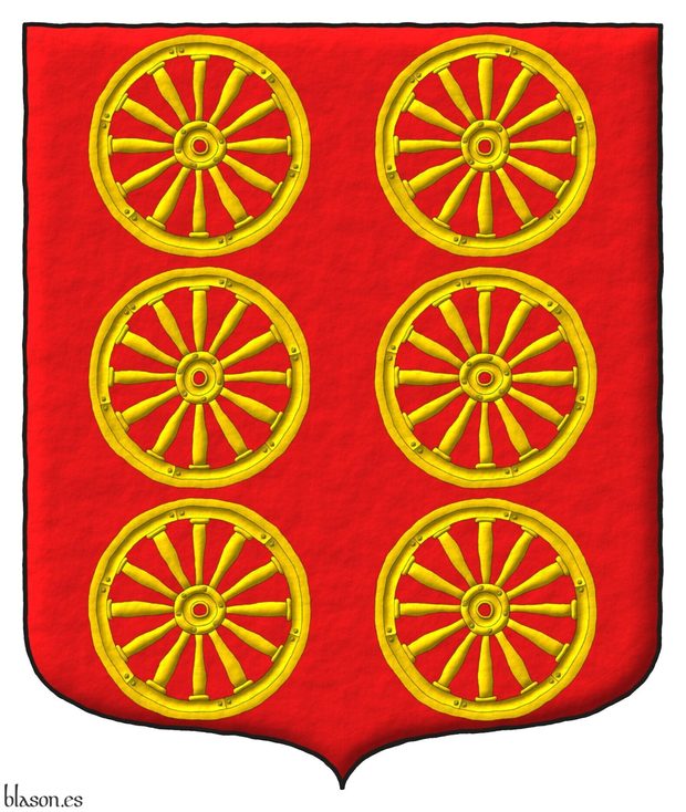 Escudo de gules, seis ruedas de carro de oro, 3 y 3.