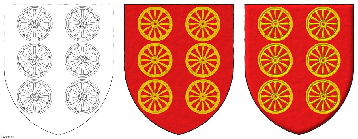 Gules, six wagon-wheels Or, 2, 2, and 2.