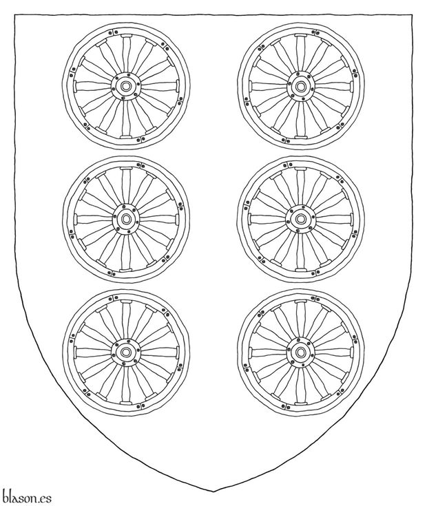 Gules, six wagon-wheels Or, 2, 2, and 2.