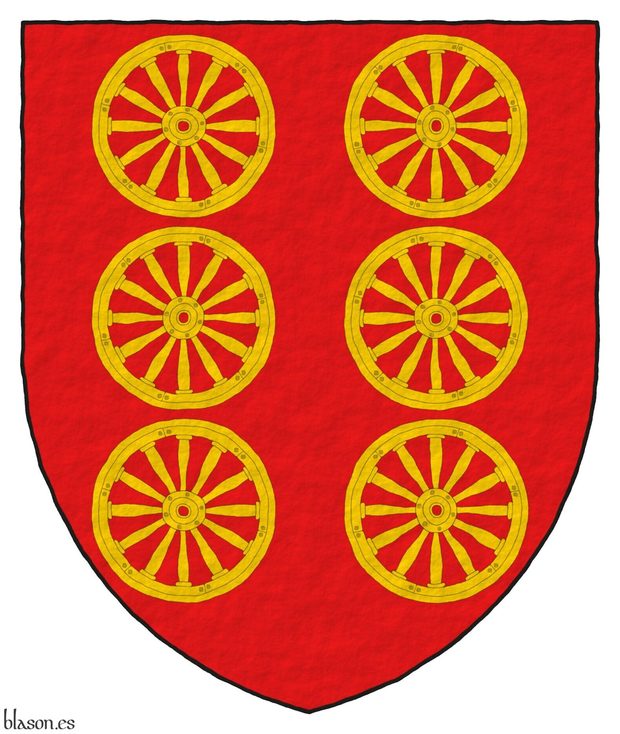 Gules, six wagon-wheels Or, 2, 2, and 2.