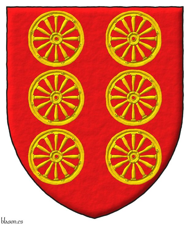 Gules, six wagon-wheels Or, 2, 2, and 2.