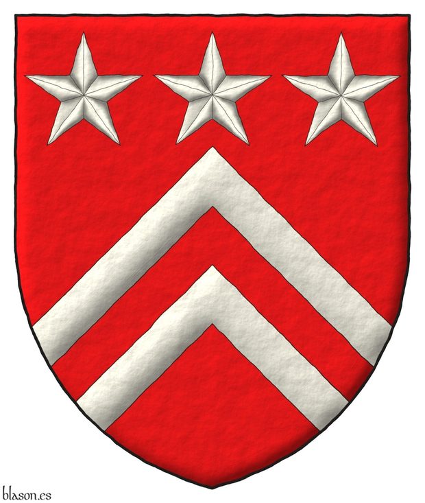 Gules, two chevronels, in chief three mullets Argent.