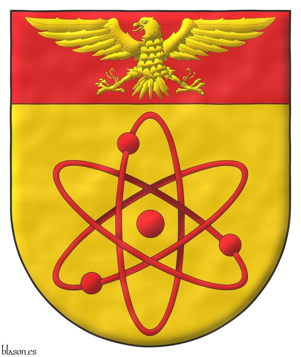 Or, an atom triple-orbited Gules; on a chief Gules, a falcon displayed and jessed Or