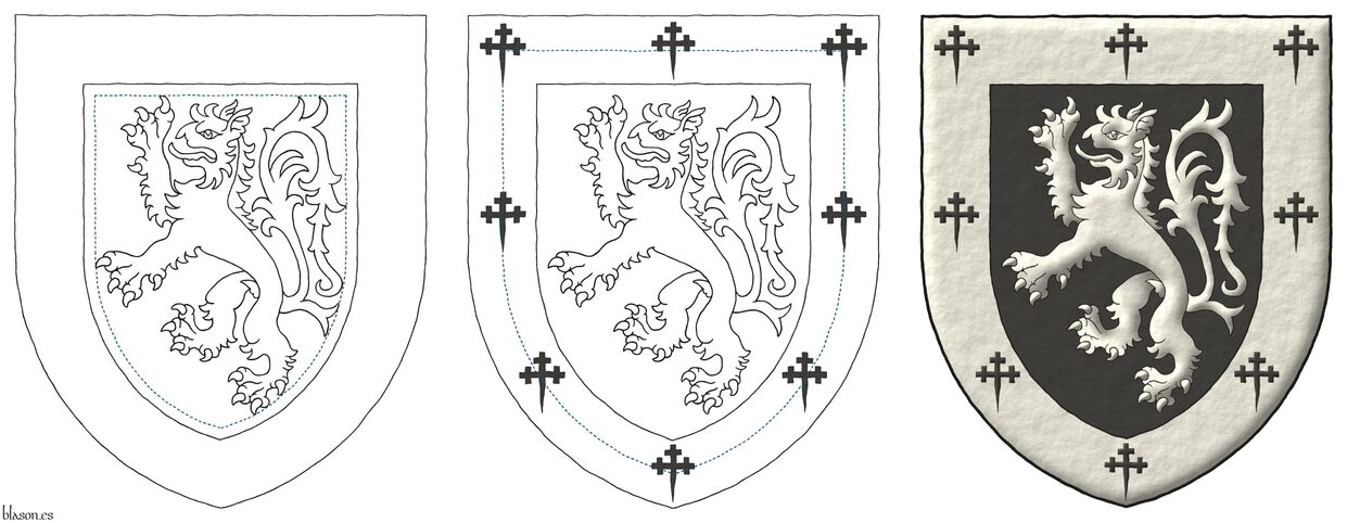 Sable, a tyger rampant Argent; a bordure Argent charged with eight crosses crosslet fitchy Sable.