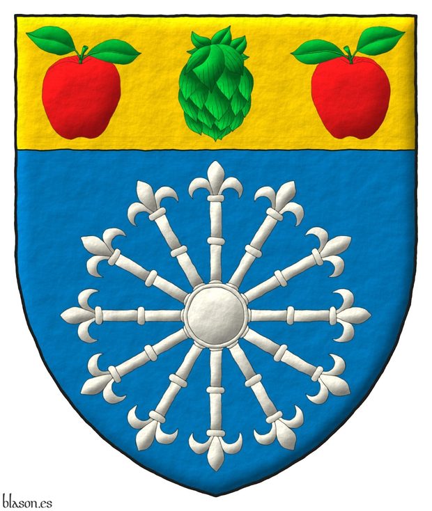 Azure, a carbuncle of twelve rays Argent; on a chief Or, a hop cone Vert between two apples Gules, slipped and leaved Vert.