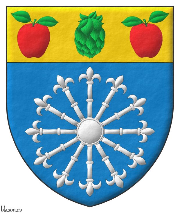 Escudo de azur, un carbunclo de doce rayos de plata; en un jefe de oro, una flor de lpulo de sinople acompaada de dos manzanas de gules, talladas y hojadas de sinople.