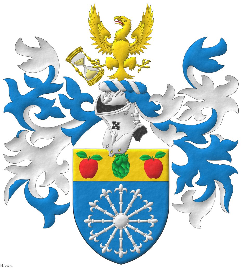 Escudo de azur, un carbunclo de doce rayos de plata; en un jefe de oro, una flor de lpulo de sinople acompaada de dos manzanas de gules, talladas y hojadas de sinople. Timbrado de un yelmo, adornado de dos lambrequines de azur doblados de plata, un burelete de plata y azur, cimado de un guila de oro, lampasada de gules, sujetando un reloj de arena puesto en banda al natural.