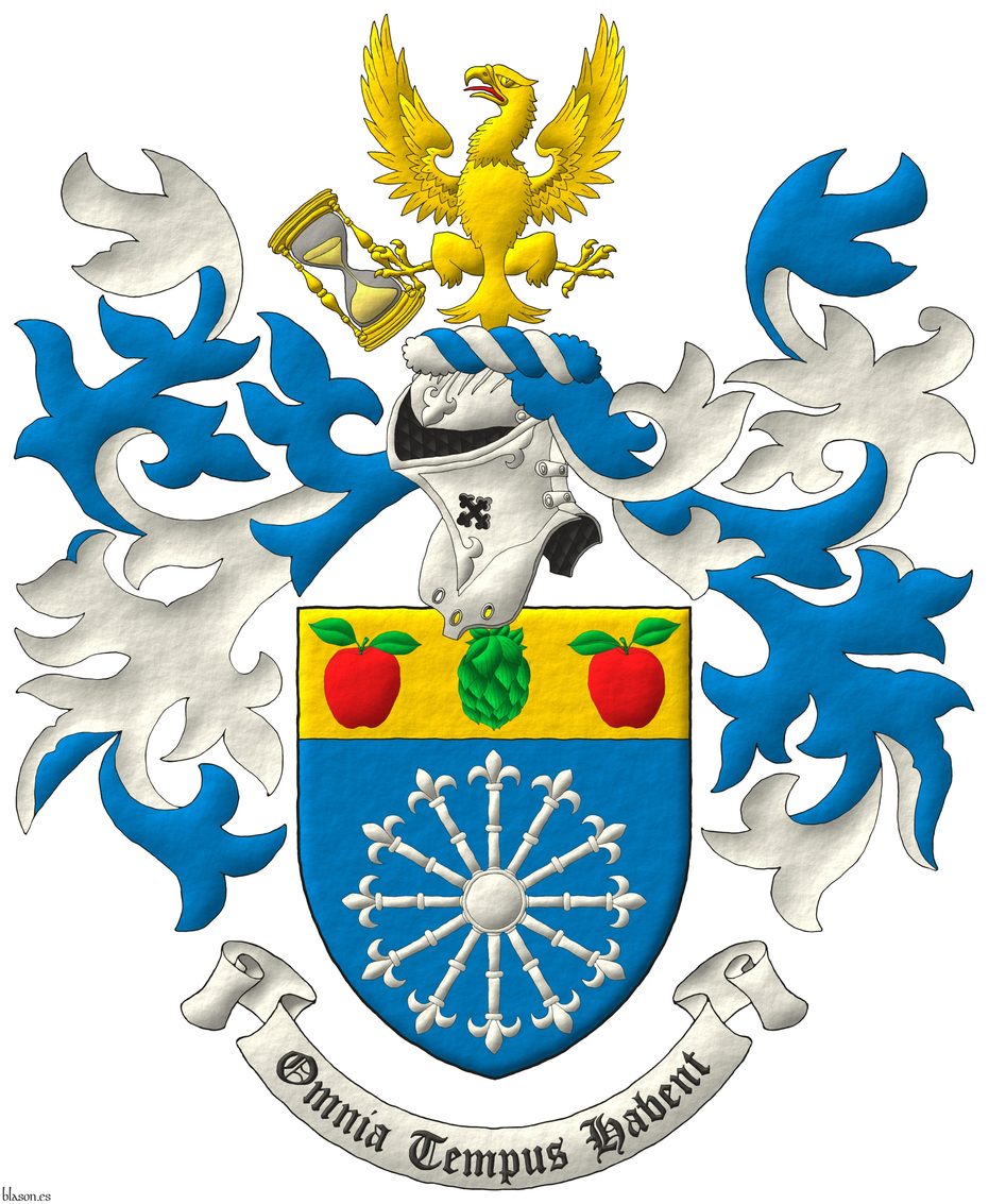 Azure, a carbuncle of twelve rays Argent; on a chief Or, a hop cone Vert between two apples Gules, slipped and leaved Vert. Crest: Upon a helm, with a wreath Argent and Azure, an eagle displayed Or, langued Gules, holding in his dexter talon an hourglass bendwise proper. Mantling: Azure doubled Argent. Motto: «Omnia tempus habent».