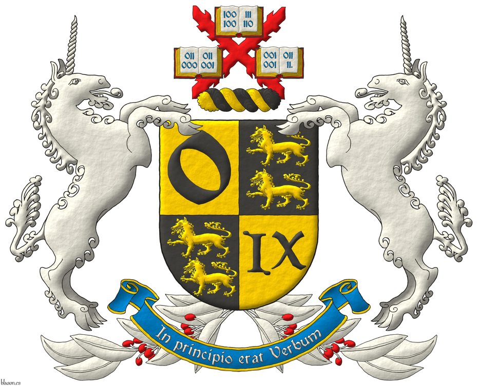 Escudo cuartelado: 1o de oro, una o de sable; 2o y 3o de sable, dos lobos pasantes, en palo de oro; 4o de oro, un IX romano de sable. Timbrado de un burelete de oro y sable, cimado de una cruz de Borgoa de gules, cargada de tres libros abiertos de plata, 1 y 2, de tapas de sable, guardas de gules, filos de oro, cargados de doce nmeros 100 100 111 110 011 000 011 001 001 001 011 11 de azur, dos en cada hoja. Por soportes dos unicornios saltantes de plata, sortenidos de dos ramas de laurel de plata, frutadas de gules, acoladas a la punta. Lema: In principio erat Verbum de plata sobre una filacteria de azur, perfilada de oro.