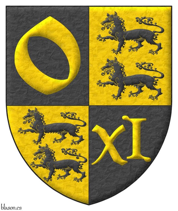 Escudo cuartelado: 1o de sable, una «o» de oro; 2o y 3o de oro, dos lobos de sable, pasantes y en palo; 4o de sable, un «XI» romano de oro.