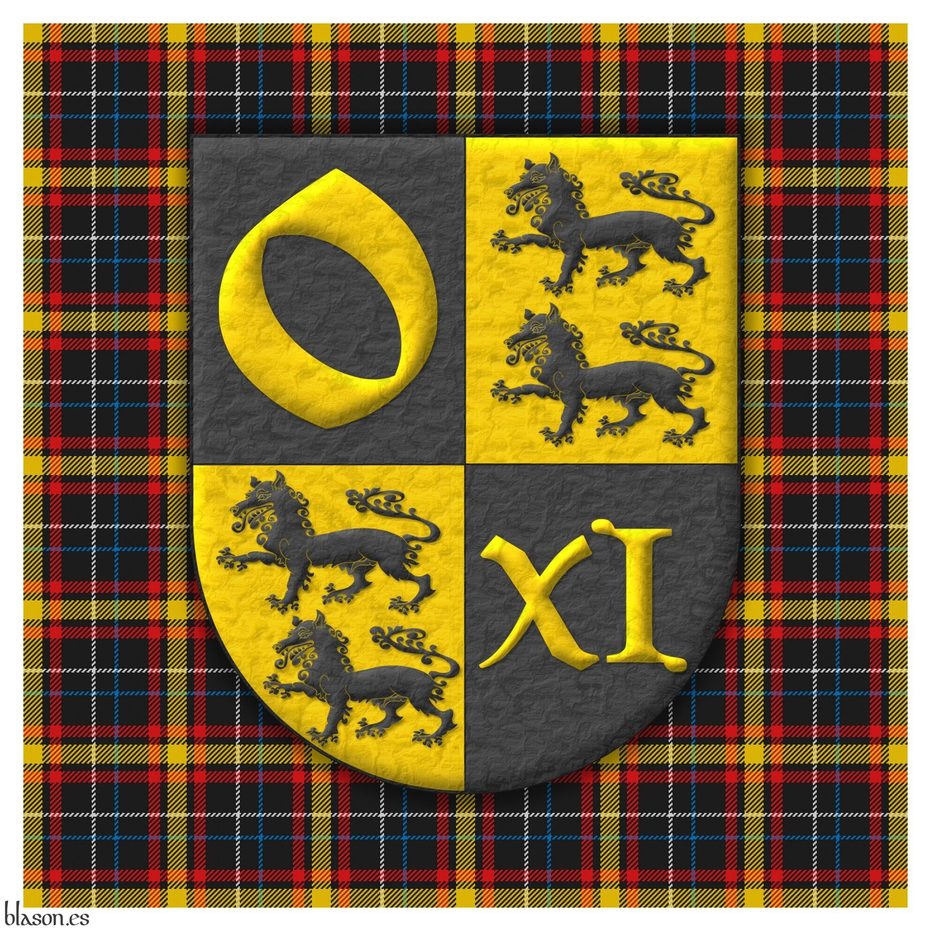 Quarterly: 1 Sable, an o Or; 2 and 3 Or, two Wolves passant, in pale Sable; 4 Sable, an XI Or.