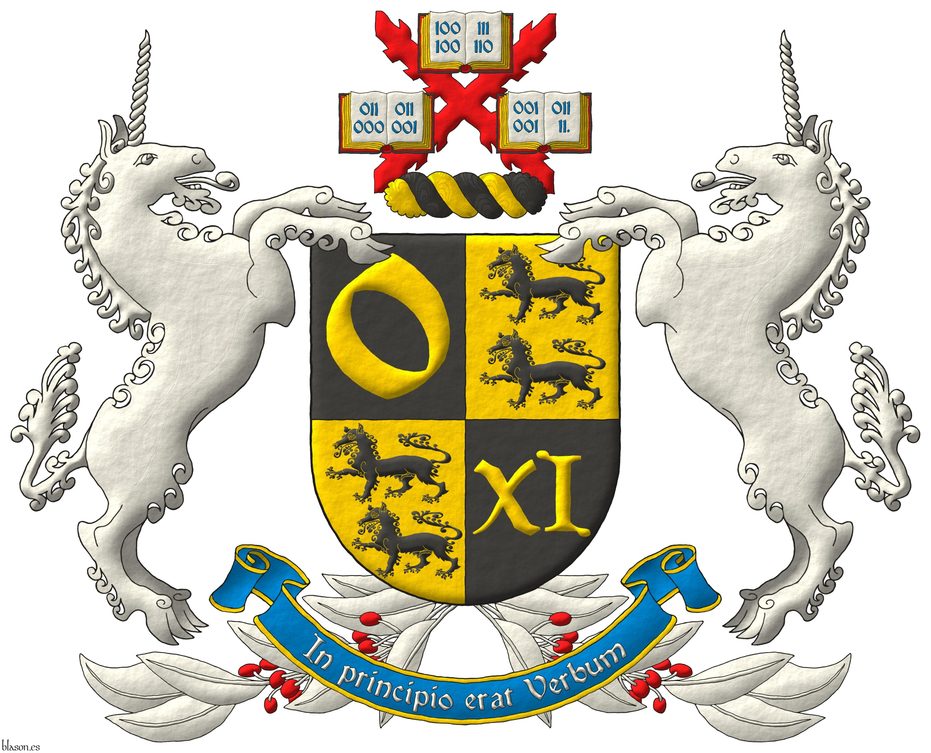 Escudo cuartelado: 1o de sable, una o de oro; 2o y 3o de oro, dos lobos pasantes, en palo de sable; 4o de sable, un XI romano de oro. Timbrado de un burelete de oro y sable, cimado de una cruz de Borgoa de gules, cargada de tres libros abiertos de plata, 1 y 2, de tapas de sable, guardas de gules, filos de oro, cargados de doce nmeros 100 100 111 110 011 000 011 001 001 001 011 11 de azur, dos en cada hoja. Por soportes dos unicornios saltantes de plata, sortenidos de dos ramas de laurel de plata, frutadas de gules, acoladas a la punta. Lema: In principio erat Verbum de plata sobre una filacteria de azur, perfilada de oro.