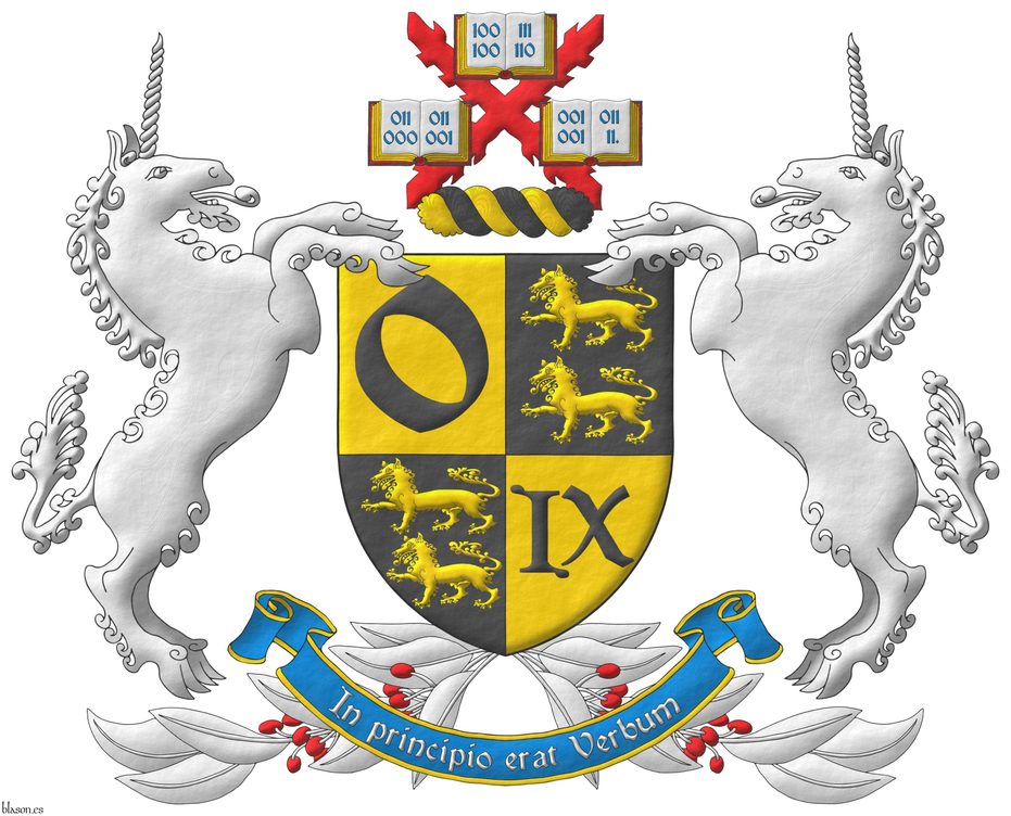 Escudo cuartelado: 1o de oro, una o de sable; 2o y 3o de sable, dos lobos pasantes, en palo de oro; 4o de oro, un IX romano de sable. Timbrado de un burelete de oro y sable, cimado de una cruz de Borgoa de gules, cargada de tres libros abiertos de plata, 1 y 2, de tapas de sable, guardas de gules, filos de oro, cargados de doce nmeros 100 100 111 110 011 000 011 001 001 001 011 11 de azur, dos en cada hoja. Por soportes dos unicornios saltantes de plata, sortenidos de dos ramas de laurel de plata, frutadas de gules, acoladas a la punta. Lema: In principio erat Verbum de plata sobre una filacteria de azur, perfilada de oro.