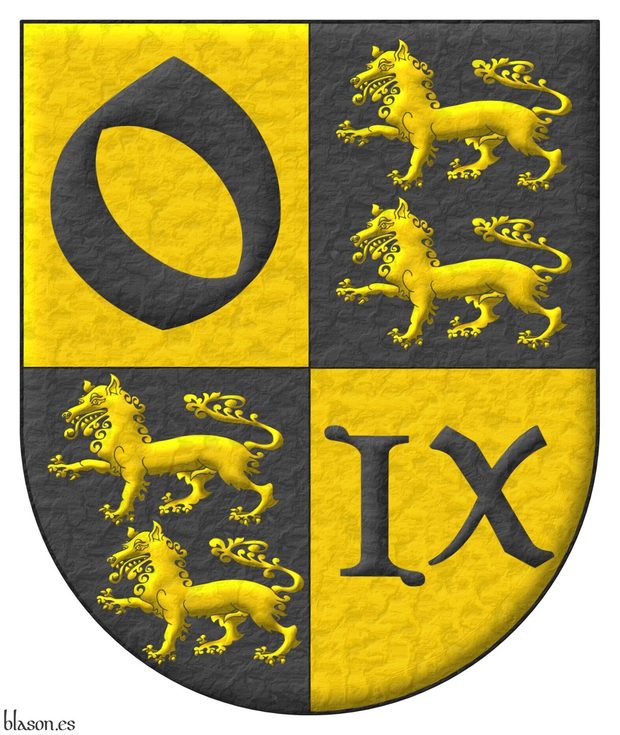 Escudo cuartelado: 1o de oro, una «o» de sable; 2o y 3o de sable, dos lobos pasantes, en palo de oro; 4o de oro, un «IX» romano de sable.