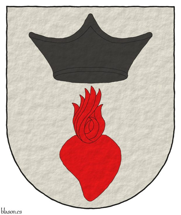 Escudo de plata, en jefe un bonete eclesiástico de sable, en punta un corazón llameante de gules.