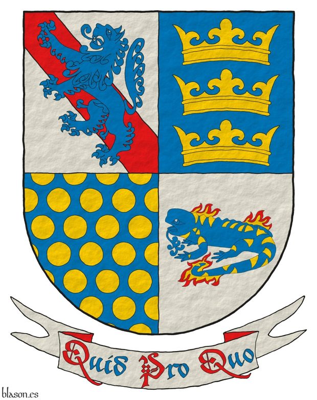 Quarterly: 1 Argent, a bend Gules, overall a lion rampant Azure; 2 Azure, three crowns in pale Or; 3 Azure sem� of bezants; 4 Argent, a salamander fesswise Azure, spotted Or, enflamed Or and Gules. Motto: �Quid Pro Quo�.
