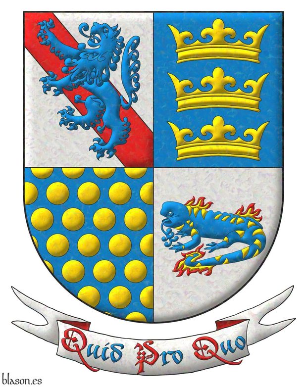 Quarterly: 1 Argent, a bend Gules, overall a lion rampant Azure; 2 Azure, three crowns in pale Or; 3 Azure sem� of bezants; 4 Argent, a salamander fesswise Azure, spotted Or, enflamed Or and Gules. Motto: �Quid Pro Quo�.