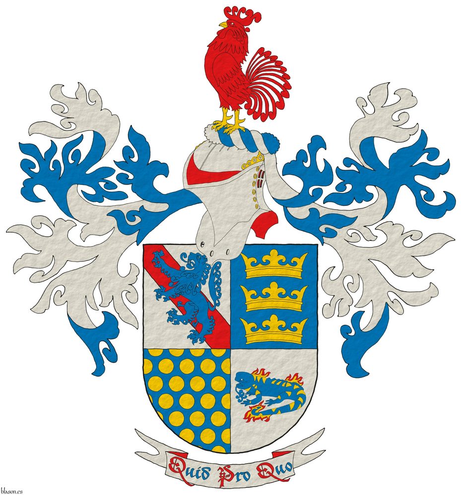 Quarterly: 1 Argent, a bend Gules, overall a lion rampant Azure; 2 Azure, three crowns in pale Or; 3 Azure sem� of bezants; 4 Argent, a salamander fesswise Azure, spotted Or, enflamed Or and Gules. Crest: Upon a helm with a wreath Argent and Azure, a rooster Gules, beaked and membered Or. Mantling: Azure doubled Argent. Motto: �Quid Pro Quo�.