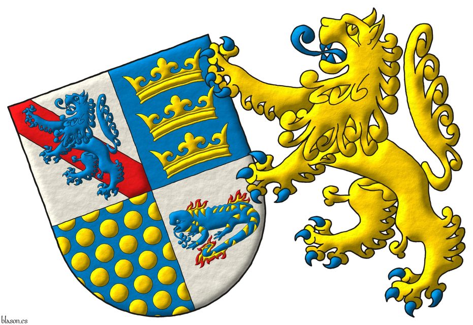 Escudo cuartelado: 1o de plata, una banda de gules, y brochante, un le�n de azur, rampante; 2o de azur, tres coronas de oro, en palo; 3o de azur, sembrado de bezantes de oro; 4o de plata, una salamandra de azur, manchada de oro, puesta en faja, en fuego de oro y gules. Soporte: un le�n rampante de oro, armado, lampasado y fierezado de azur.