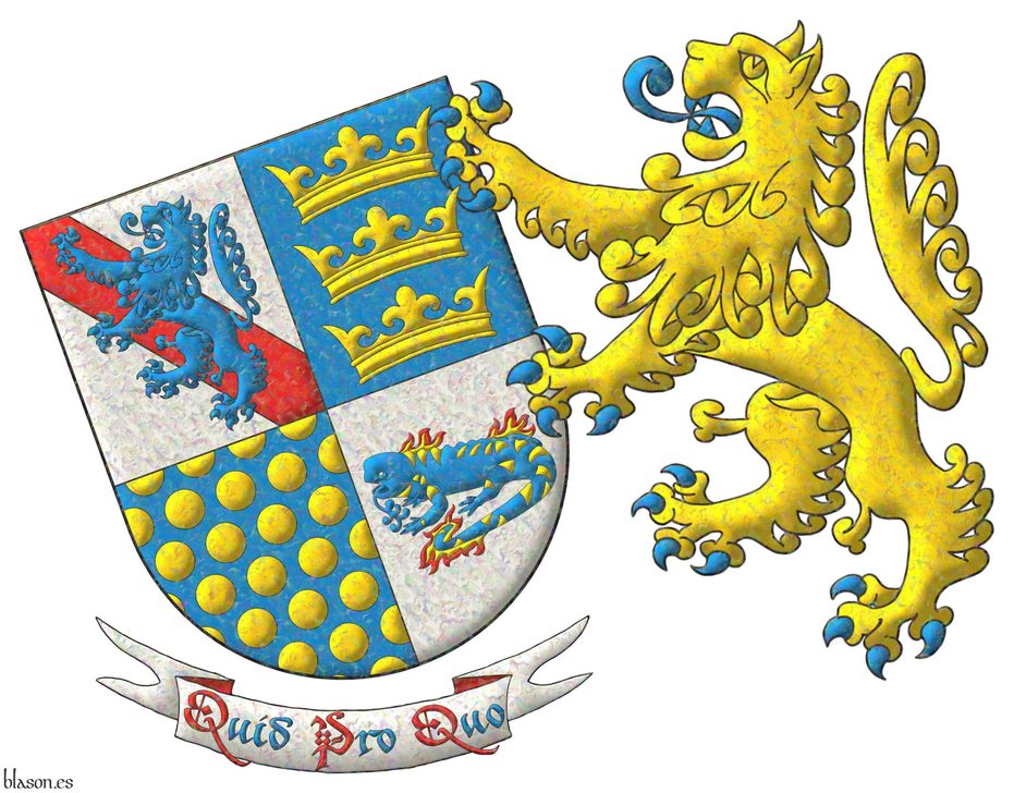 Escudo cuartelado: 1o de plata, una banda de gules, y brochante, un le�n de azur, rampante; 2o de azur, tres coronas de oro, en palo; 3o de azur, sembrado de bezantes de oro; 4o de plata, una salamandra de azur, manchada de oro, puesta en faja, en fuego de oro y gules. Soporte: un le�n rampante de oro, armado, lampasado y fierezado de azur. Lema: �Quid Pro Quo�.