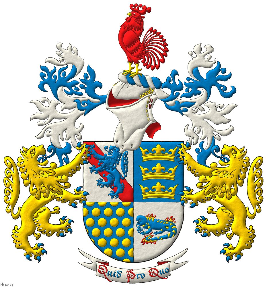 Escudo cuartelado: 1o de plata, una banda de gules, y brochante, un le�n de azur, rampante; 2o de azur, tres coronas de oro, en palo; 3o de azur, sembrado de bezantes de oro; 4o de plata, una salamandra de azur, manchada de oro, puesta en faja, en fuego de oro y gules. Timbrado de un yelmo, lambrequines de azur y plata, un burelete de plata y azur, cimado de un gallo de gules, picado y membrado de oro. Soportes: dos leones rampantes de oro, armados, lampasados y fierezados de azur. Lema: �Quid Pro Quo�.
