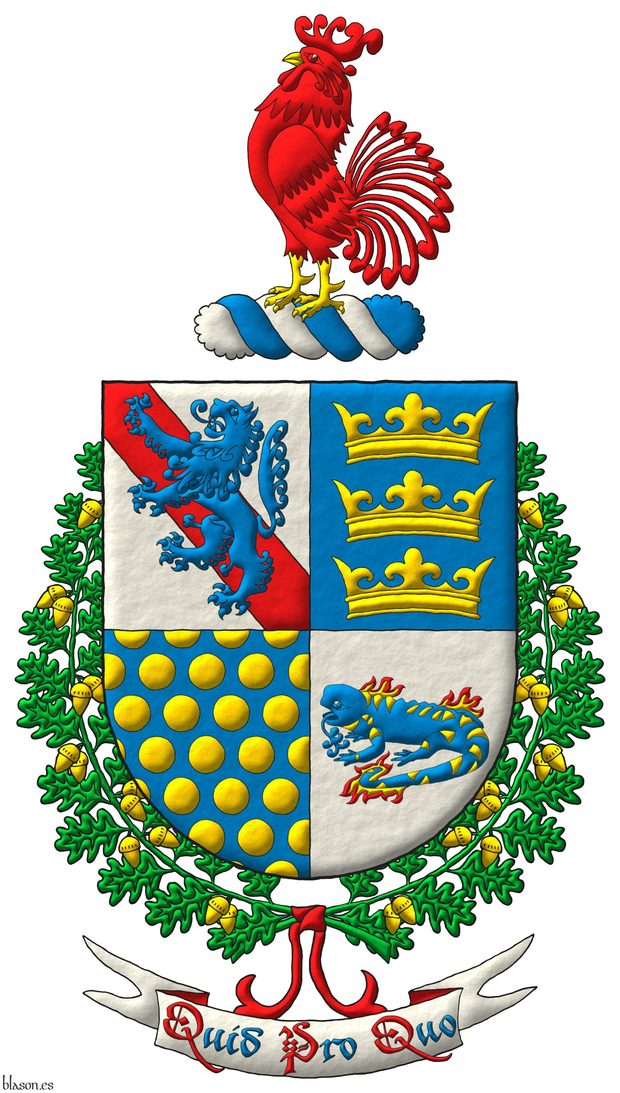 Escudo cuartelado: 1o de plata, una banda de gules, y brochante, un le�n de azur, rampante; 2o de azur, tres coronas de oro, en palo; 3o de azur, sembrado de bezantes de oro; 4o de plata, una salamandra de azur, manchada de oro, puesta en faja, en fuego de oro y gules. Timbrado de un burelete de plata y azur, cimado de un gallo de gules, picado y membrado de oro. El escudo est� rodeado de dos ramas de roble de sinople, frutadas de oro, unidas por una cinta de gules. Lema: �Quid Pro Quo�.