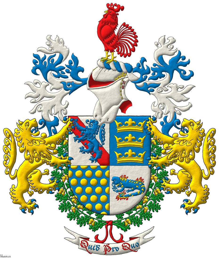 Escudo cuartelado: 1o de plata, una banda de gules, y brochante, un le�n de azur, rampante; 2o de azur, tres coronas de oro, en palo; 3o de azur, sembrado de bezantes de oro; 4o de plata, una salamandra de azur, manchada de oro, puesta en faja, en fuego de oro y gules. Timbrado de un yelmo, lambrequines de azur y plata, un burelete de plata y azur, cimado de un gallo de gules, picado y membrado de oro. Soportes: dos leones rampantes de oro, armados, lampasados y fierezados de azur. El escudo est� rodeado de dos ramas de roble de sinople, frutadas de oro, unidas por una cinta de gules. Lema: �Quid Pro Quo�.
