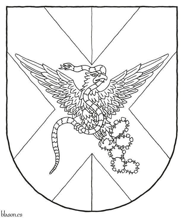 Escudo de partido de sinople y gules, brochante sobre el todo un sotuer de plata cargado de un �guila alterada de sable, teniendo en su garra siniestra una chumbera nurida de sinople, frutada de gules, hojada de oro y en su garra diestra y cebada de una sierpe de sinople, lampasada de gules, fierezada de oro.