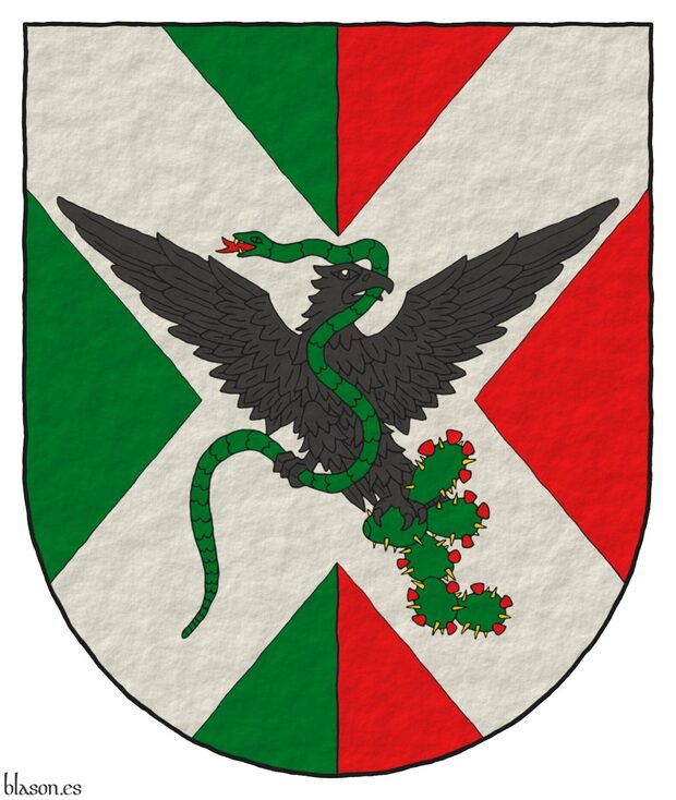 Party per pale, Vert and Gules, overall a saltire Argent charged with an eagle displayed, facing sinister Sable, grasping in its sinister claw a prickly pear cactus (Opuntia ficus-indica) couped Vert, fructed Gules, leaved Or, and in its dexter claw and beak a serpent Vert, langued Gules, the fangs Or.