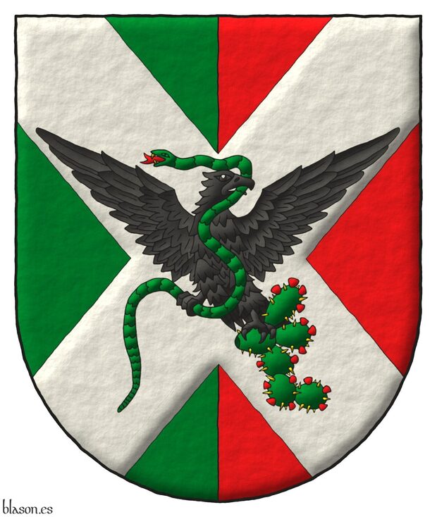 Escudo de partido de sinople y gules, brochante sobre el todo un sotuer de plata cargado de un �guila alterada de sable, teniendo en su garra siniestra una chumbera nurida de sinople, frutada de gules, hojada de oro y en su garra diestra y cebada de una sierpe de sinople, lampasada de gules, fierezada de oro.
