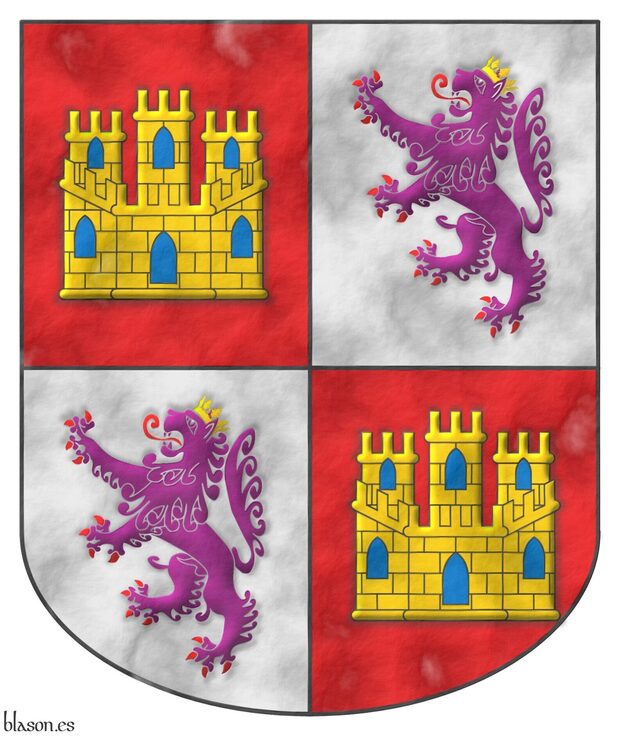 Escudo cuartelado: 1o y 4o de gules, un castillo de oro, aclarado de azur, mazonado de sable; 2o y 3o de plata, un len rampante de prpura, armado y lampasado de gules, coronado de oro.