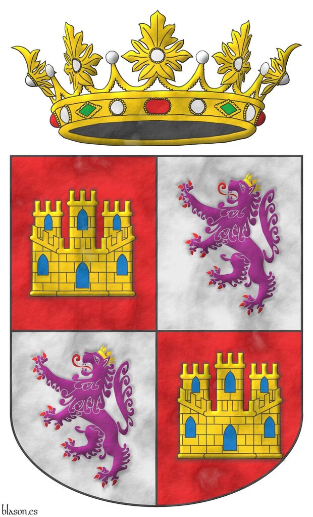 Escudo cuartelado: 1o y 4o de gules, un castillo de oro, aclarado de azur, mazonado de sable; 2o y 3o de plata, un len rampante de prpura, armado y lampasado de gules, coronado de oro. Timbrado de una corona real abierta.