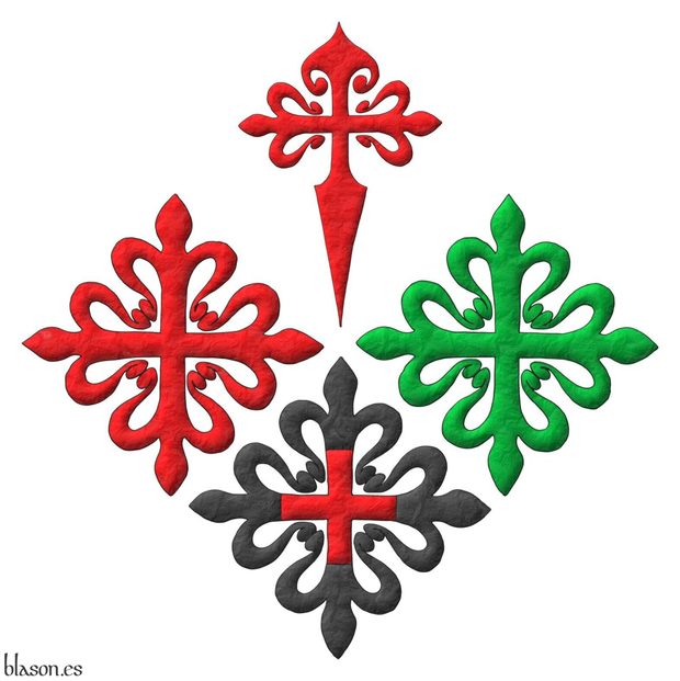 Emblem quarterly per saltire: 1, a cross of Saint James; 2, a cross of Calatrava; 3, a cross of Alcantara; 4, a cross of Montesa.