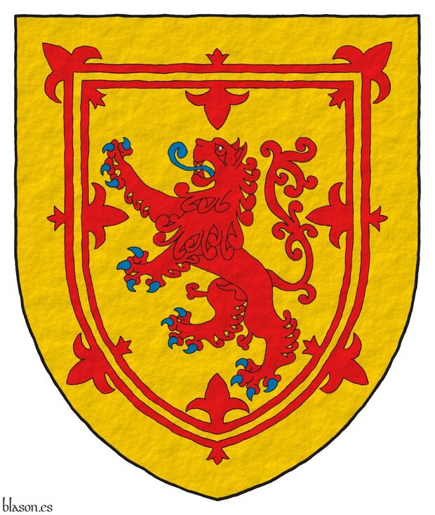 Escudo de oro, un len de gules, armado y lampasado de azur; un trechor doble flordelisado y contraflordelisado de gules.