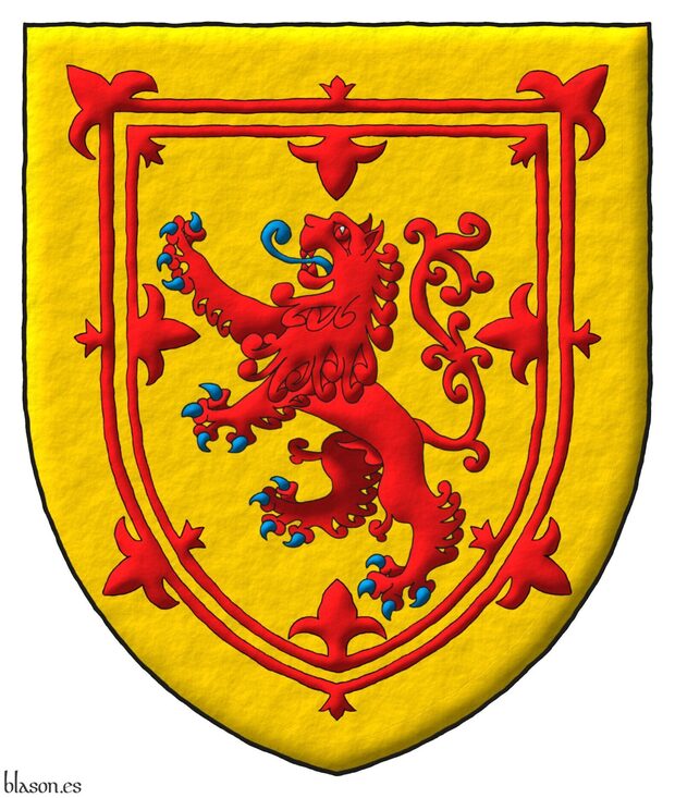 Escudo de oro, un len de gules, armado y lampasado de azur; un trechor doble flordelisado y contraflordelisado de gules.