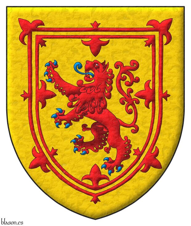 Or, a lion rampant Gules, armed and langued Azure; a double tressure flory counterflory Gules.