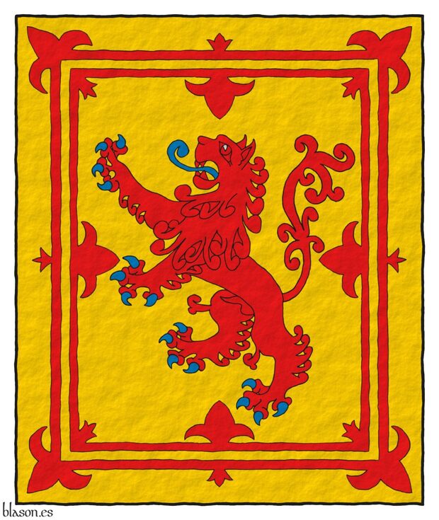 Escudo de oro, un len de gules, armado y lampasado de azur; un trechor doble flordelisado y contraflordelisado de gules.