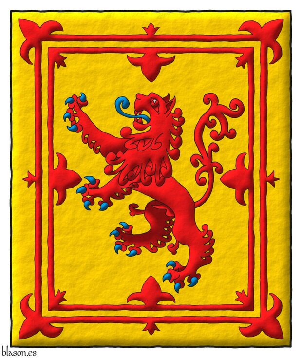 Or, a lion rampant Gules, armed and langued Azure; a double tressure flory counterflory Gules.