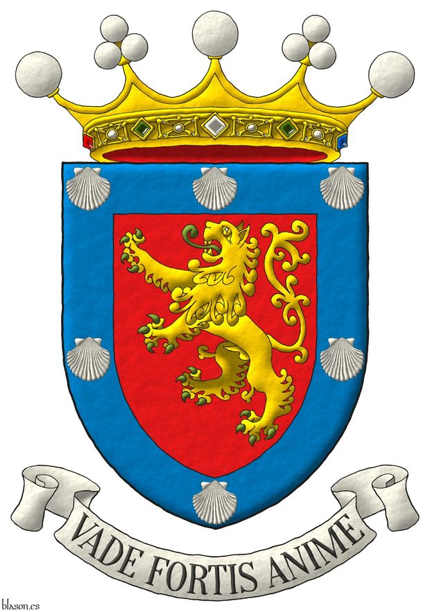 Escudo de gules, un len rampante de oro, lampasado y armado de sinople; una bordura de azur cargada de seis veneras de plata. Timbrado de una corona. Lema: Vade Fortis Anime.