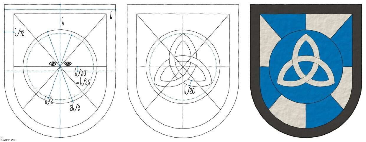 Escudo gironado de azur y plata, un roel de azur, cargado de una triquetra de plata; una bordura de sable.