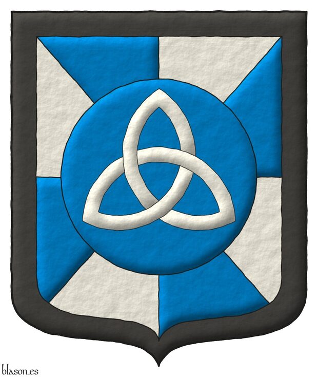 Gyronny Azure and Argent, on a hurt, a triquetra Argent; a bordure Sable.