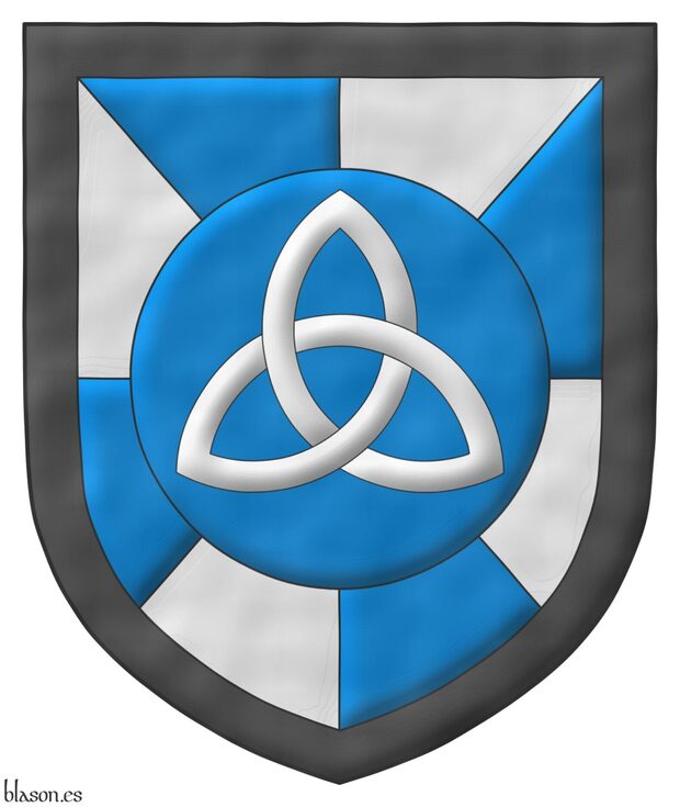 Gyronny Azure and Argent, on a hurt, a triquetra Argent; a bordure Sable.