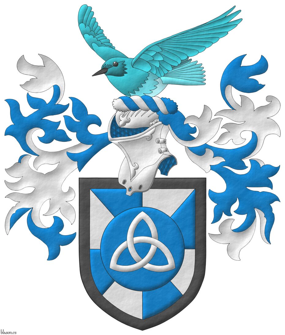 Gyronny Azure and Argent, on a hurt, a triquetra Argent; a bordure Sable. Crest: Upon a helm with a wreath Argent and Azure, a mountain bluebird (Sialia currucoides) volant proper. Mantling: Azure doubled Argent.