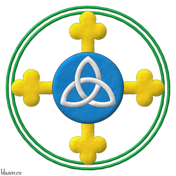 Heraldic device depicted by me, highlighted with lights and shadows, outlined in Sable, with a circular outer contour and with a rough finish.