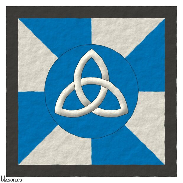 Escudo gironado de azur y plata, un roel de azur, cargado de una triquetra de plata; una bordura de sable.